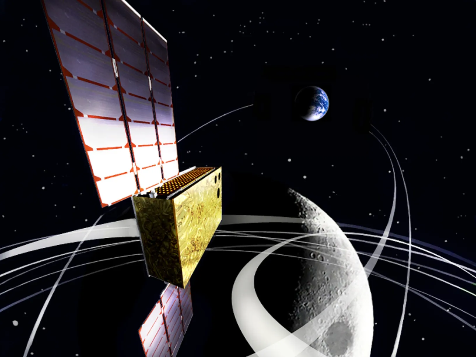 An illustration of EQUULEUS flying near the Moon and the Earth, with trajectories drawn as white curves