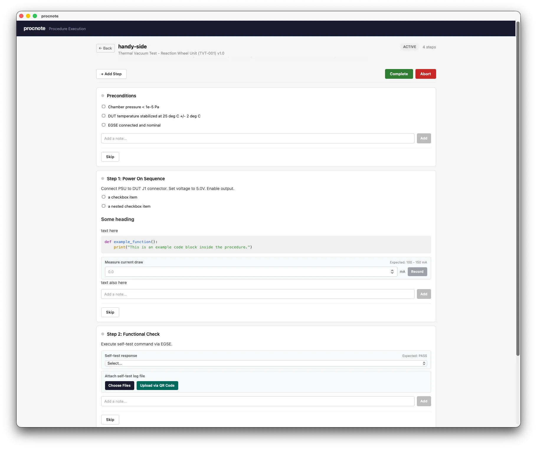 Procnote execution page showing a thermal vacuum test procedure as steps with checkboxes, a measurement input and note fields
